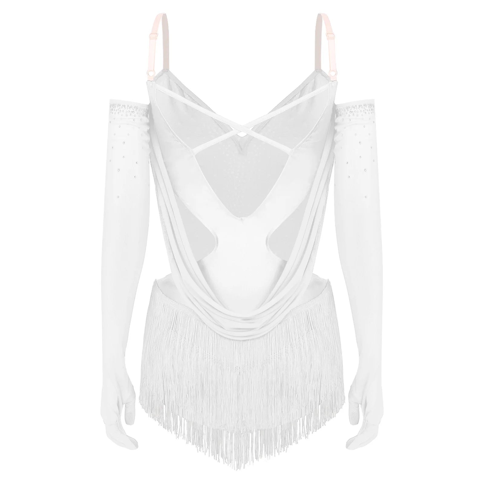 Sparkly Rhinestone & Tassel Fringe Dance Leotard with Gloves Two-Piece Stage Costume