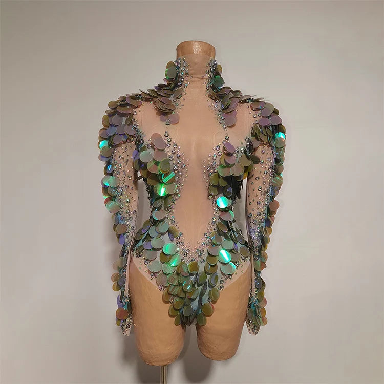 Vintage-Inspired Sequins AB Rhinestones Leotard Costume