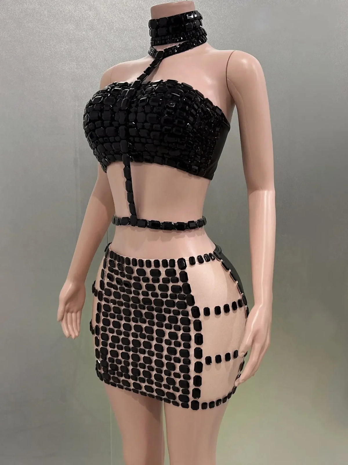 Vintage-Inspired Sparkly Rhinestones Two-Piece Backless Top And Mini Skirt Set