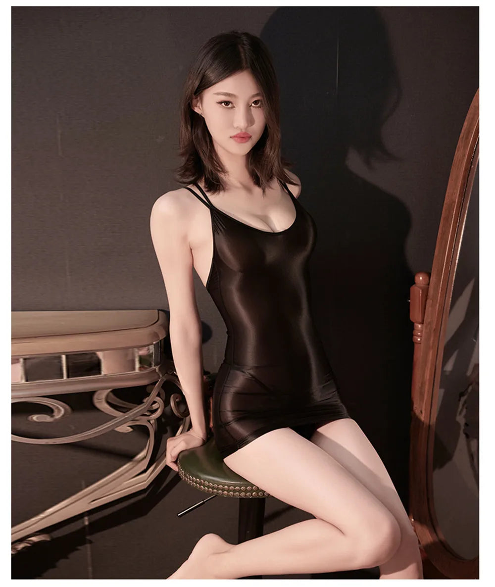 Sexy Women Tights Pencil Dress Sheer See Thorugh Micro Mini Dress Oil Glossy Shiny Elastic Bodycon Backless Wrap Hip Dress
