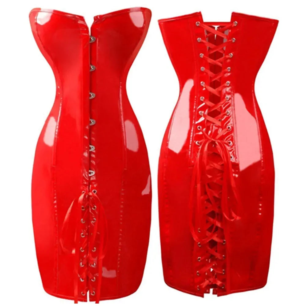 Steampunk PU Leather Overbust Corset Dress & Long Torso Waist Trainer