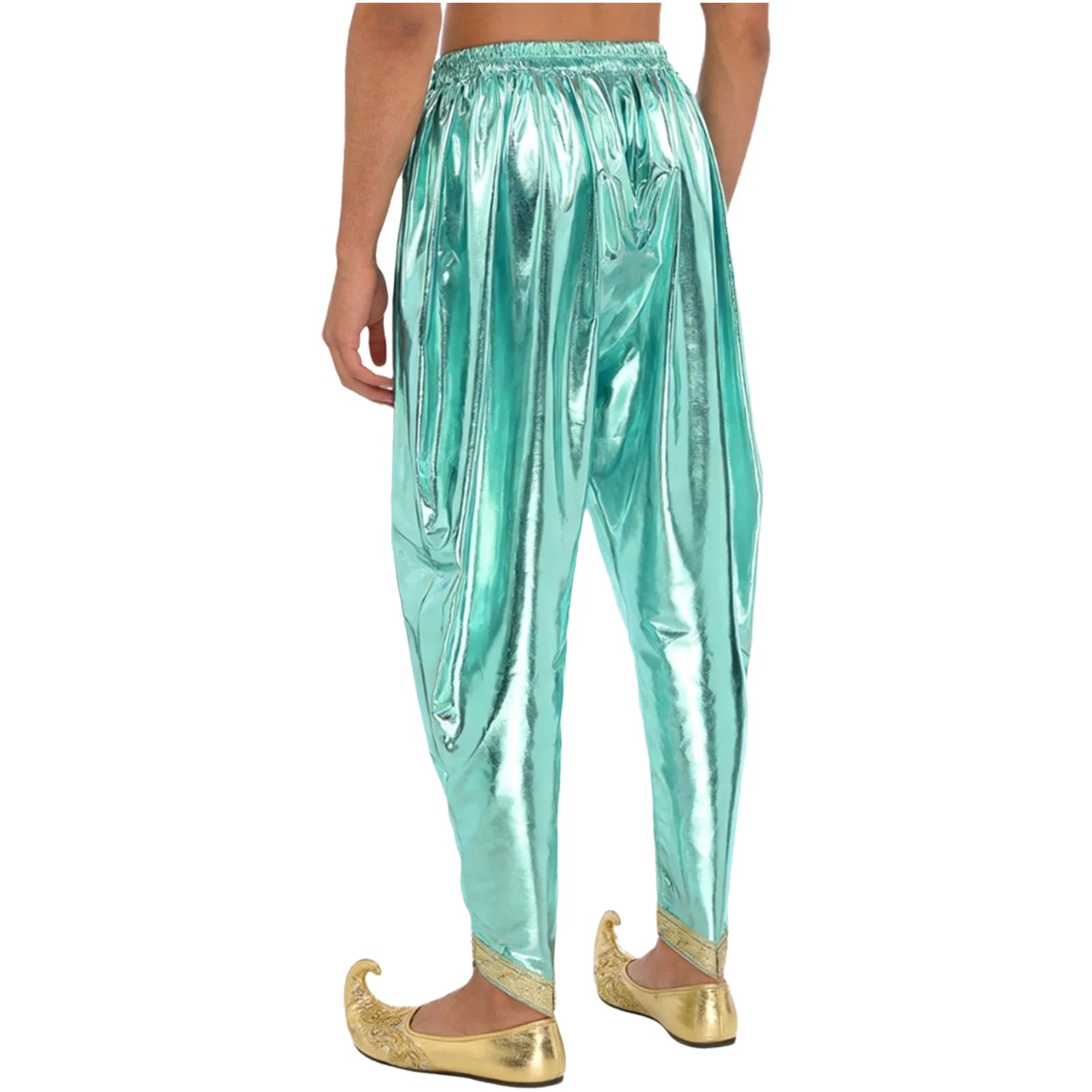 Men's Metallic Shiny Harem Dhoti Pants Gold Brocade Trim Prince Cosplay Costume