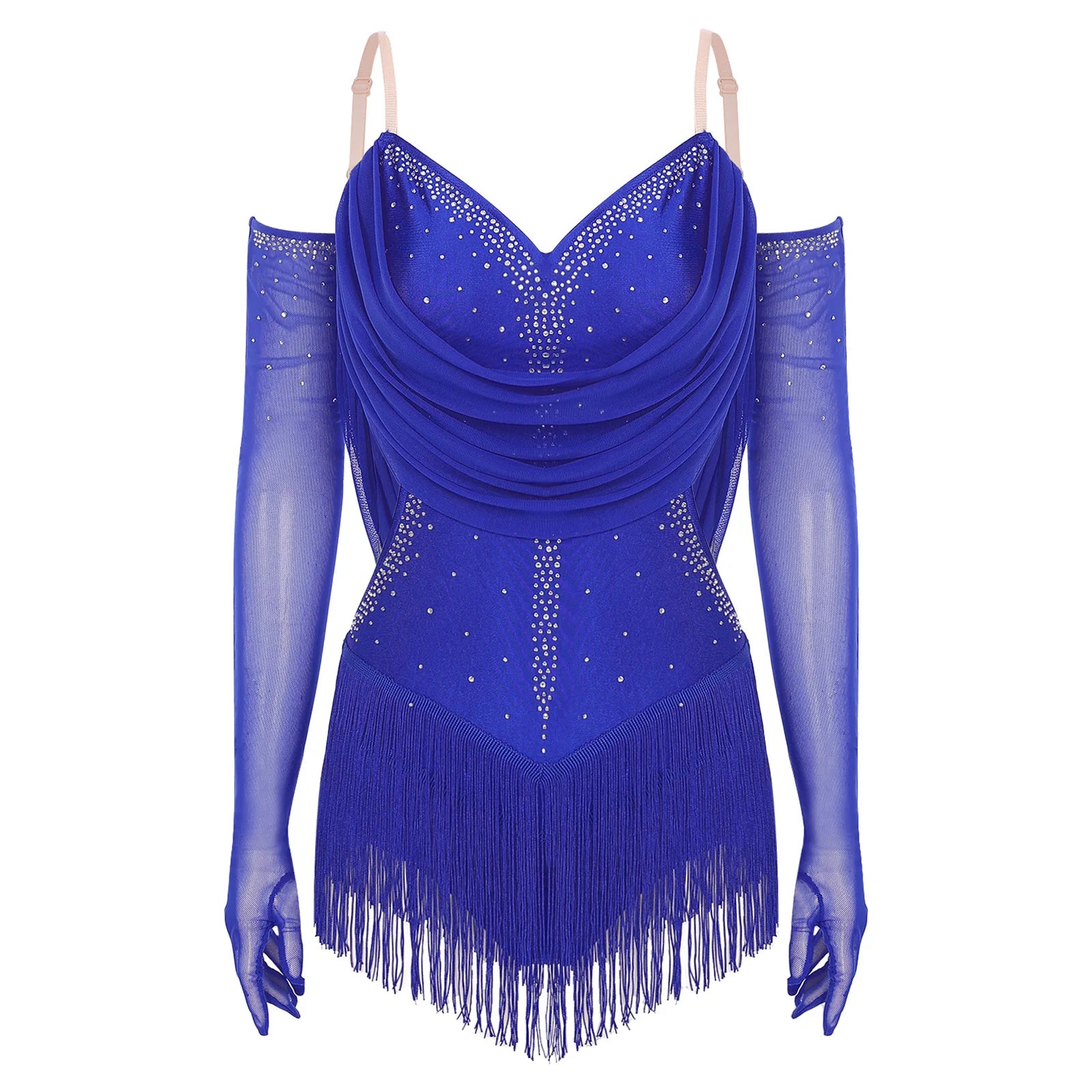 Sparkly Rhinestone & Tassel Fringe Dance Leotard with Gloves Two-Piece Stage Costume