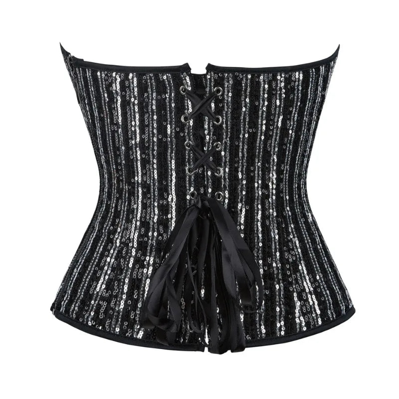 Sequined Striped Overbust Corset Top Lace-Up Plastic Boned Burlesque Bustier