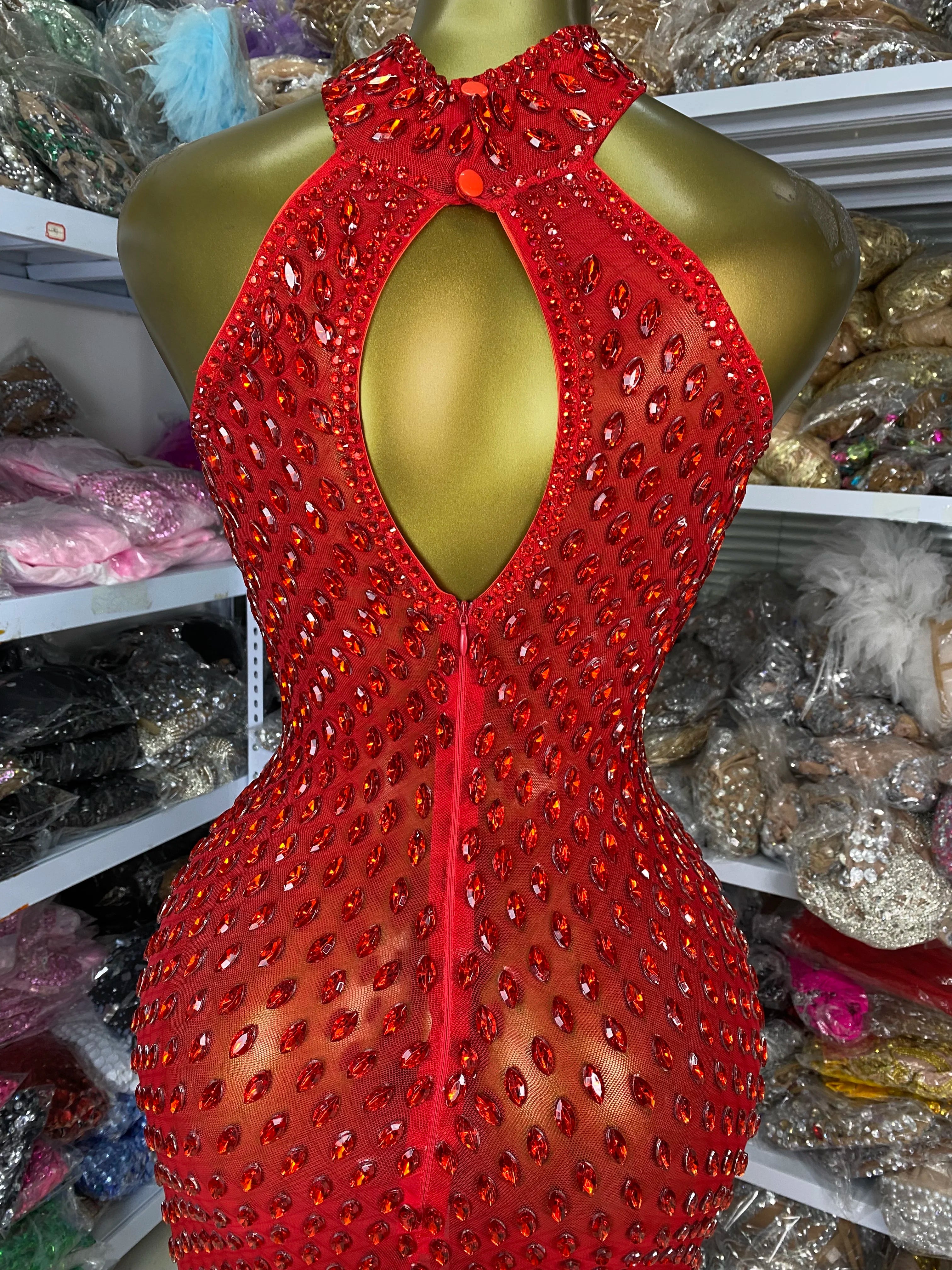 Crimson Red Rhinestone Sweetheart Slit Gown Floor-Length Trailing Evening Dress