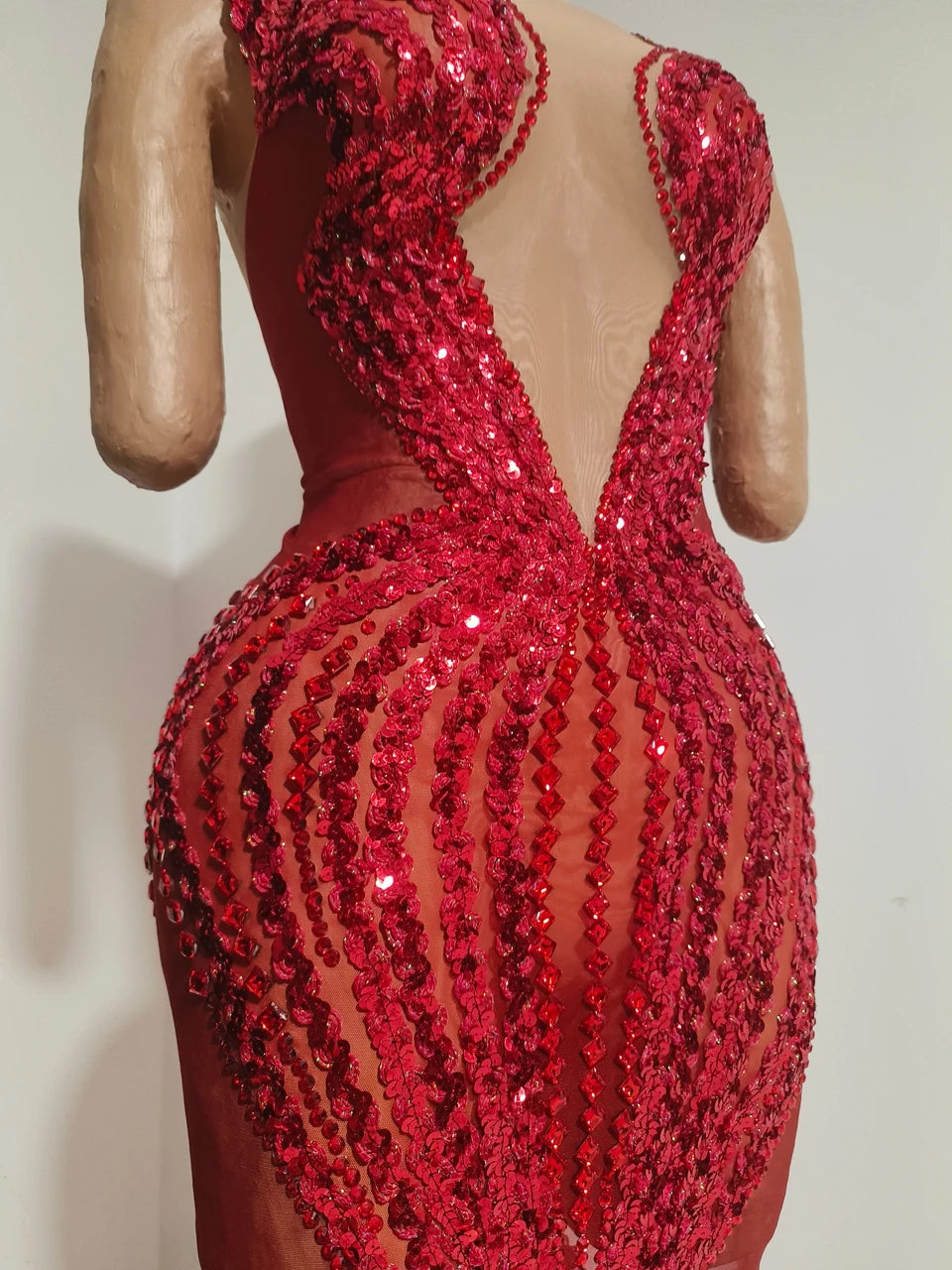 Sparkly Red Rhinestone & Sequin Sleeveless Sheer Mini/Long Dress Stage Costume