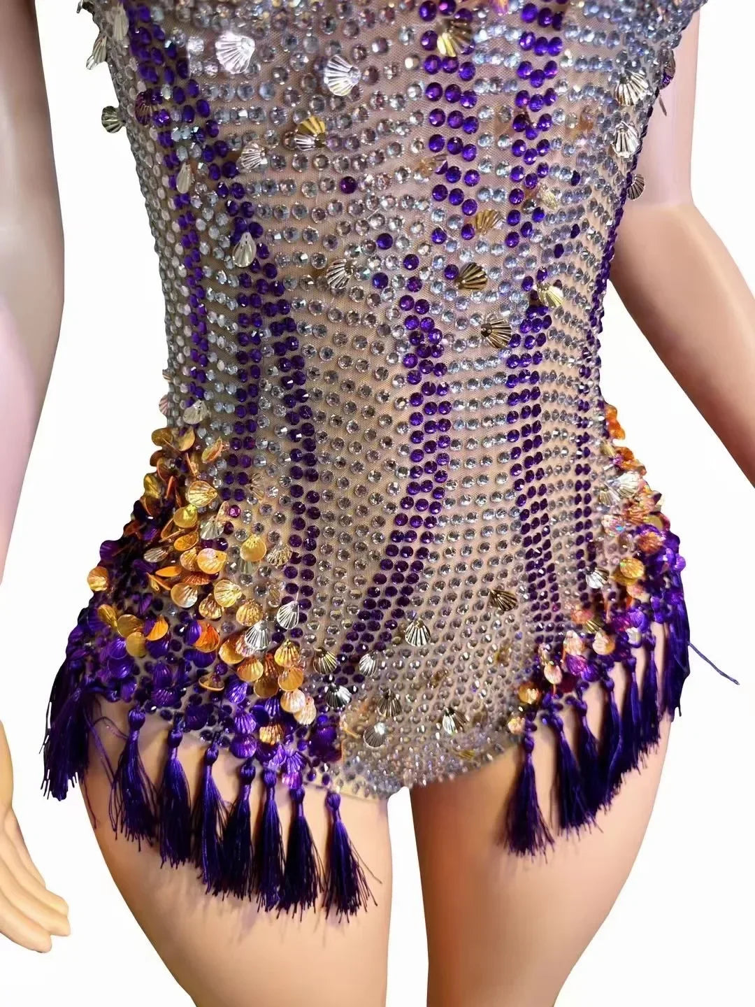 Sparkly Rhinestone & Tassel Fringe Bodysuit Stage Performance Costume