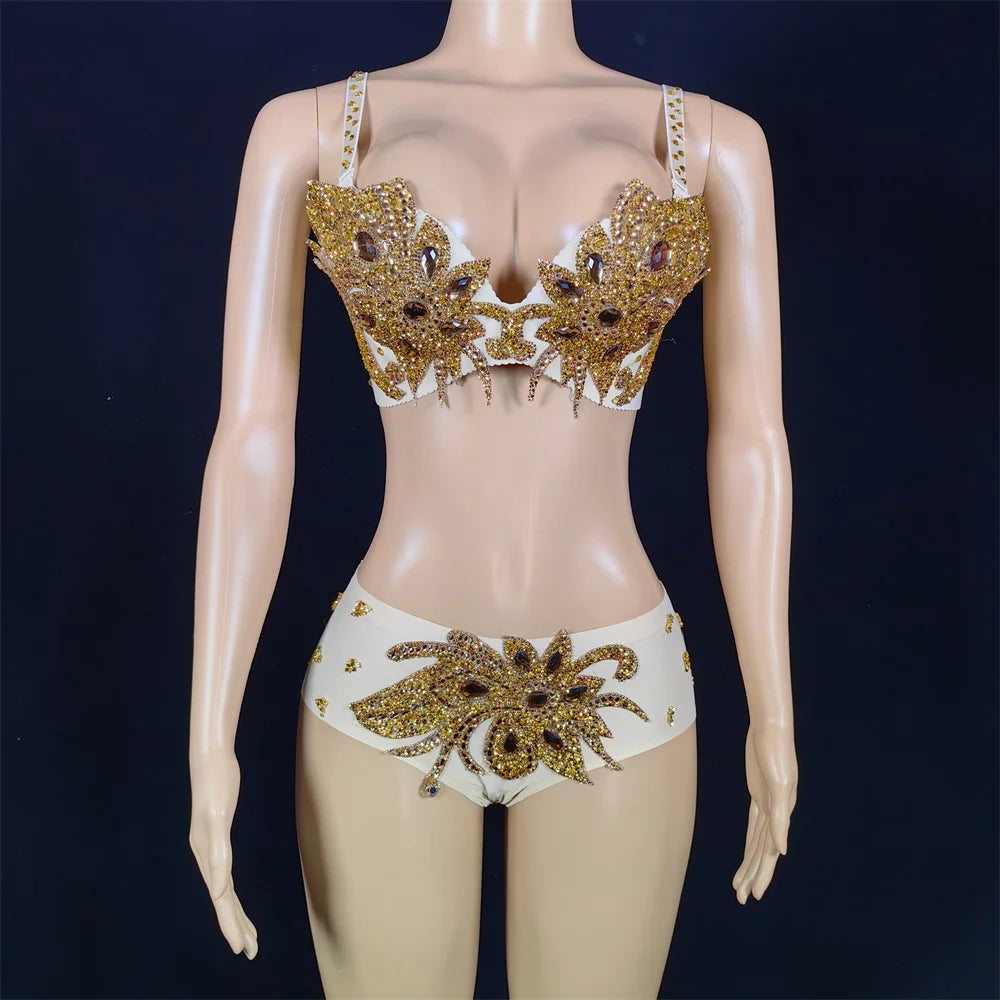 Sexy Golden Rhinestone Bikini Set – Women's Pole Dance, GoGo & Nightclub Stage Costume