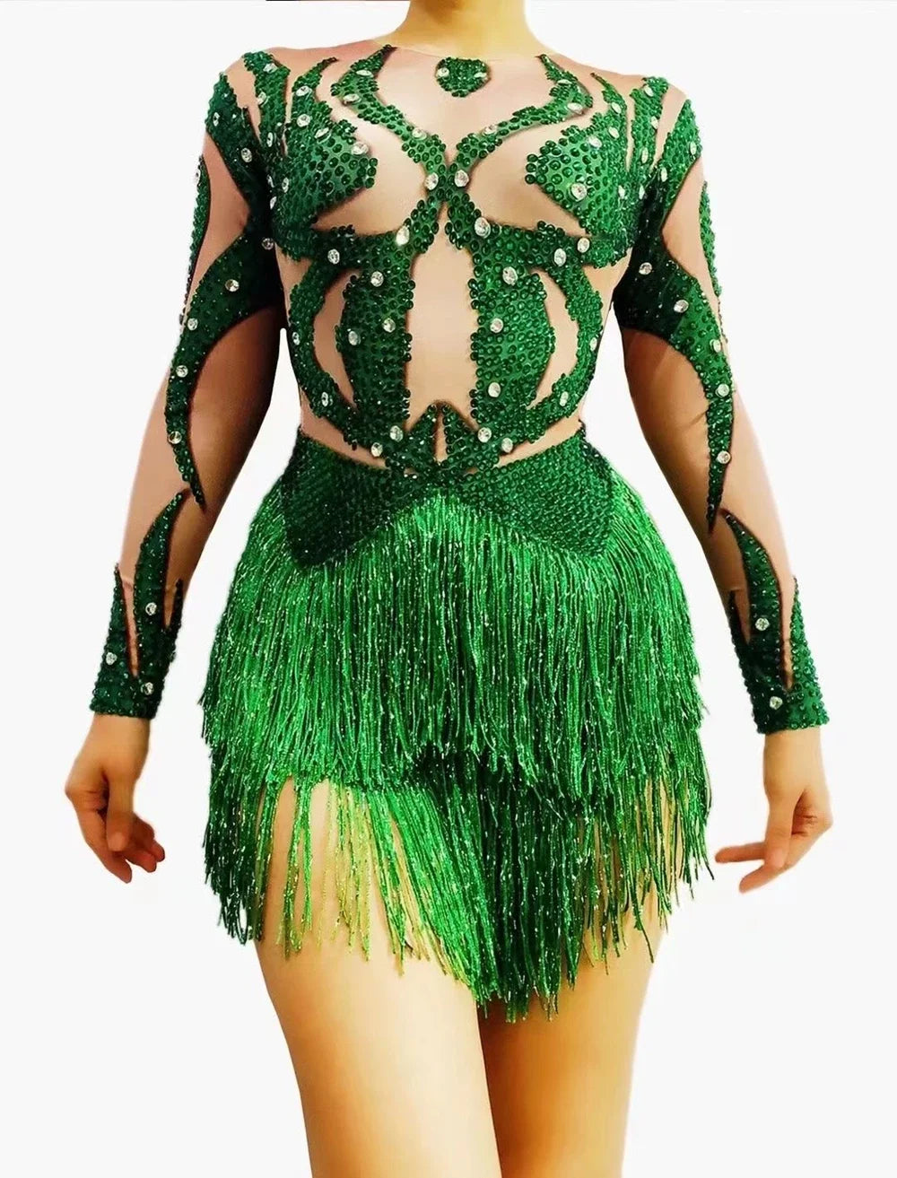 Sparkly Green Crystal & Tassel Fringe Bodysuit Stage Performance Costume
