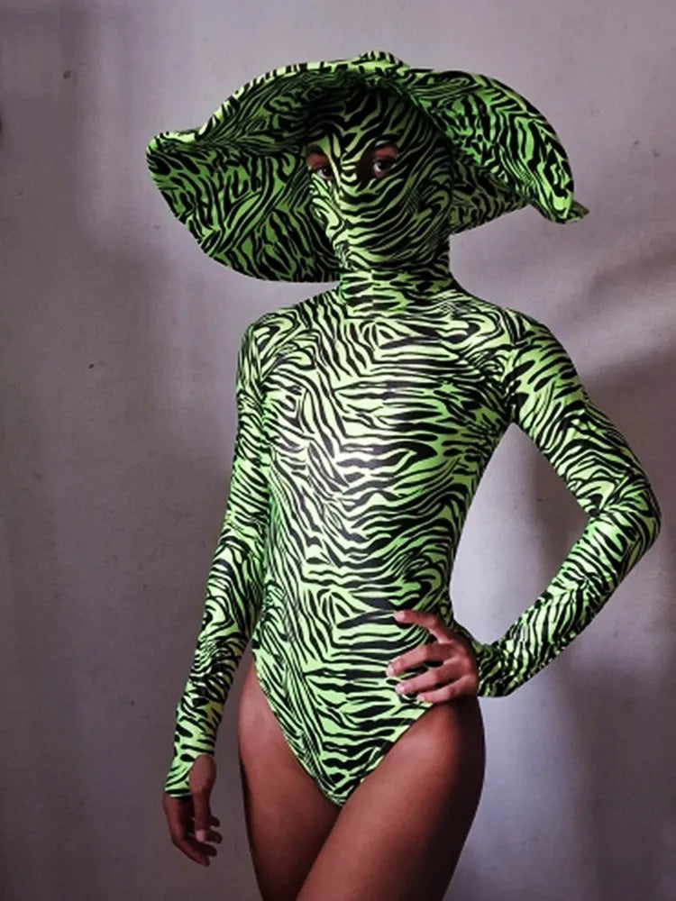 Zebra Stripe Cutout Bodysuit & Statement Big Hat 2-Piece Stage Dance Costume Set
