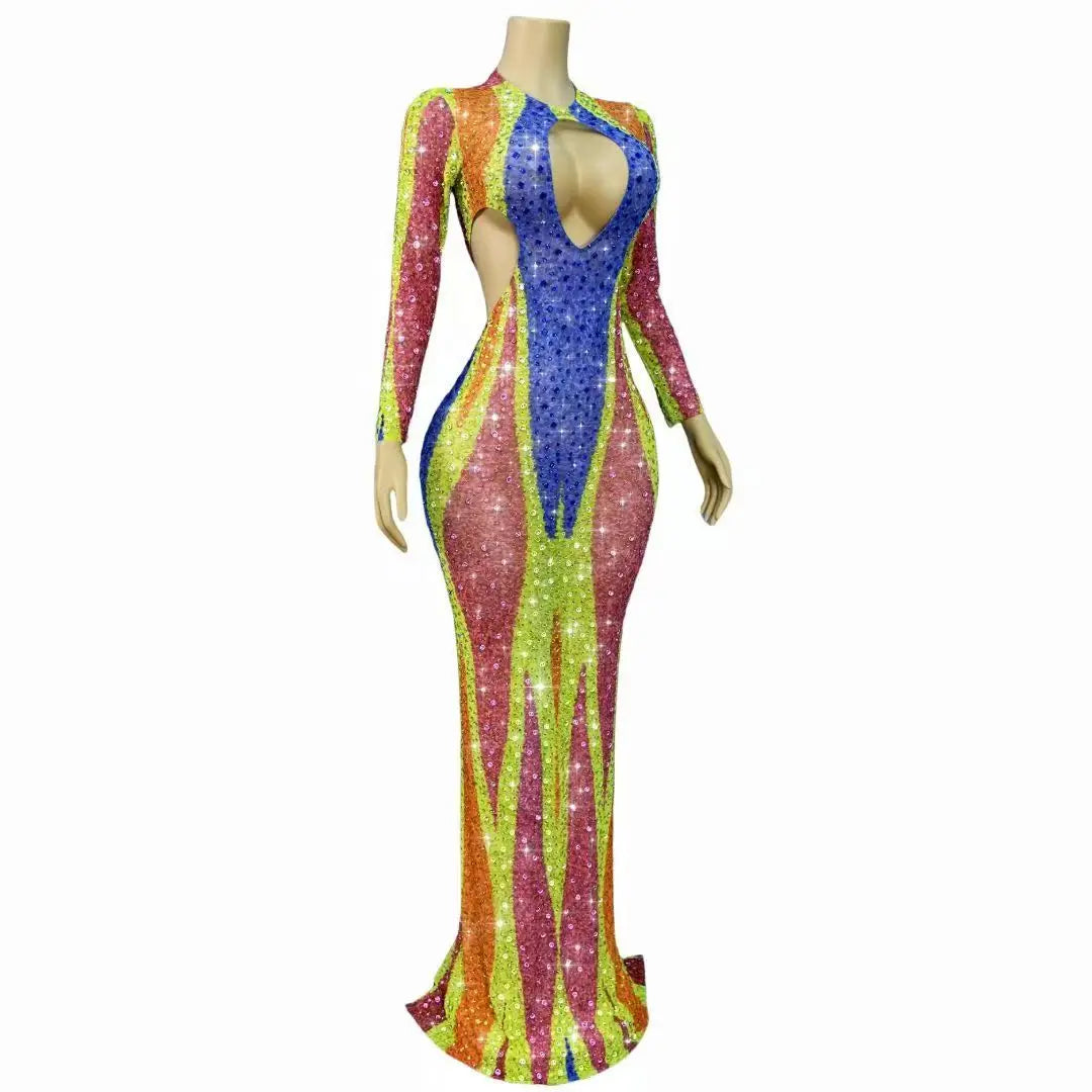 Women's Colorful Rhinestone Hollow-Out Mesh Long Dress | Twinkling Body-Con Gown for Red Carpet & Party