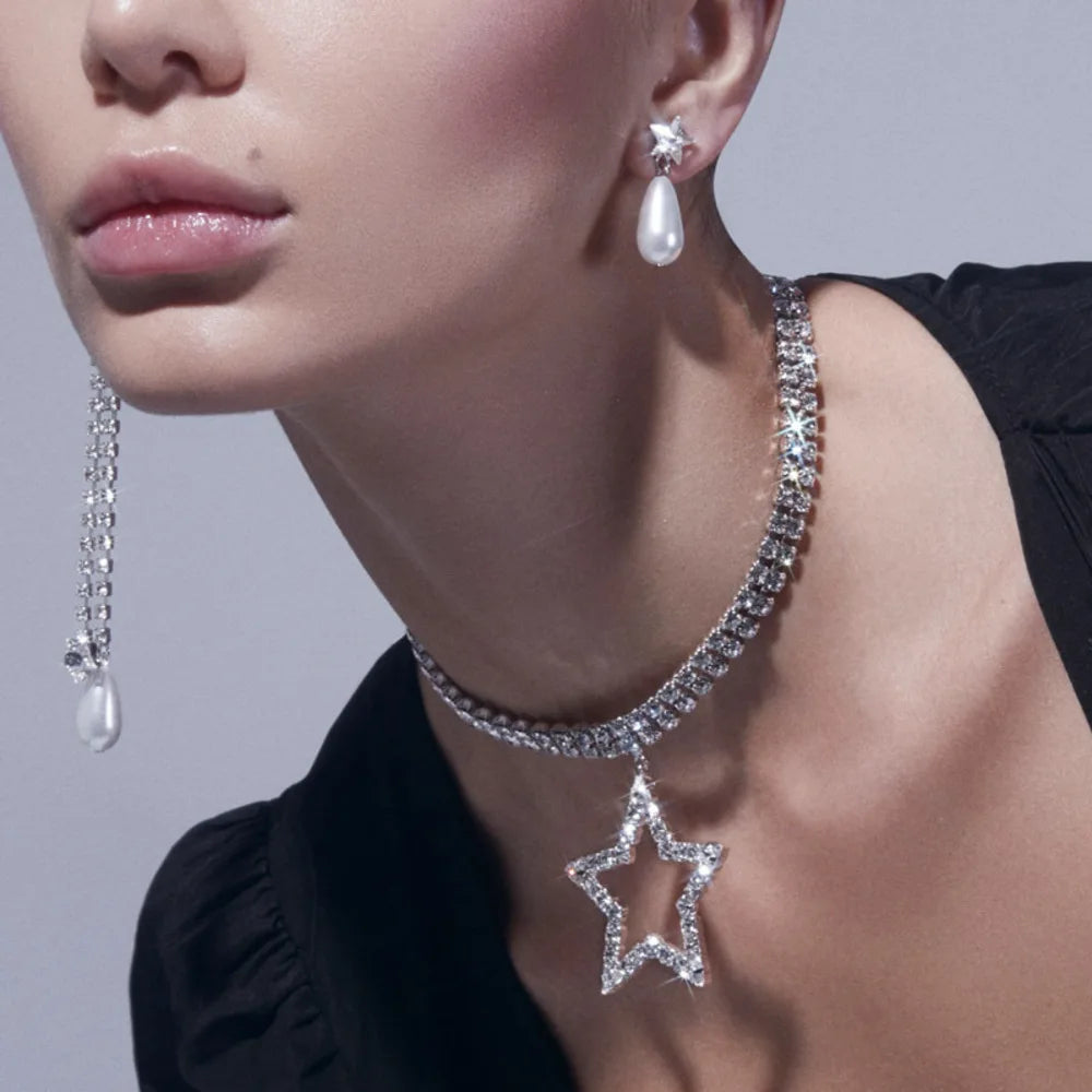 Sparkly Double Layer Crystal Rhinestone Star Pendant Choker Necklace Stage Jewelry