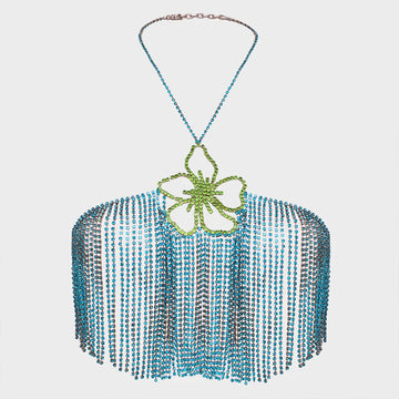 Rhinestone Tassel Flower Bralette Body Chain – Crystal Fringe Chest Harness Bra Chain in Gold or Silver