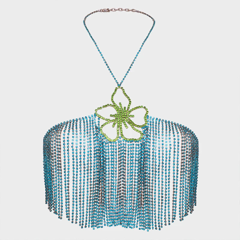 Rhinestone Tassel Flower Bralette Body Chain – Crystal Fringe Chest Harness Bra Chain in Gold or Silver