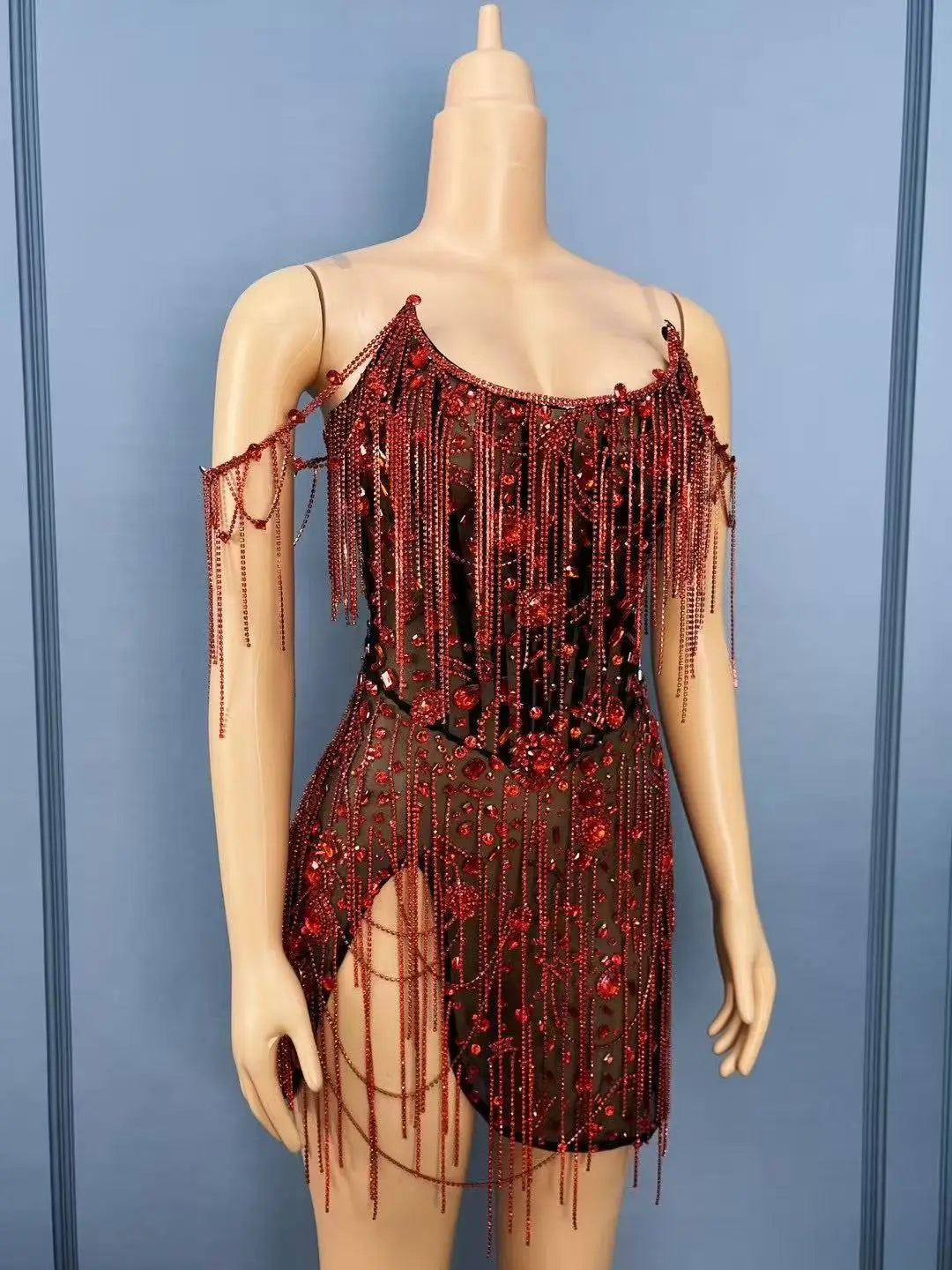 Red Crystal Chains Rhinestones Transparent Dress Women Party Show Gown Singer Performance Stage Wear