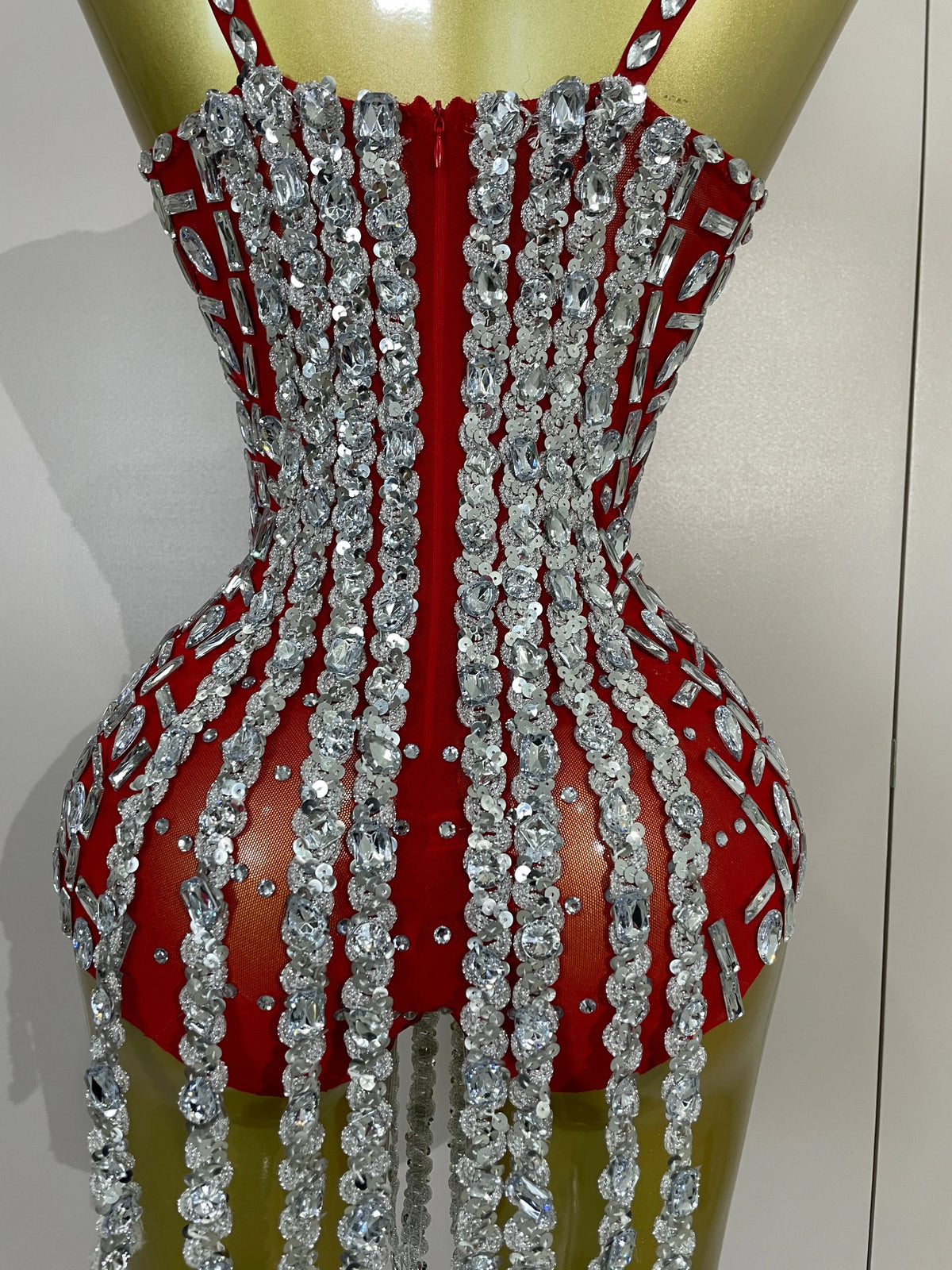 Rhinestone Long Tassel Mesh Bodysuit