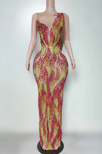 Flaming Fire Print Rhinestone Maxi Dress Sleeveless High-Slit Stage Performance Gown