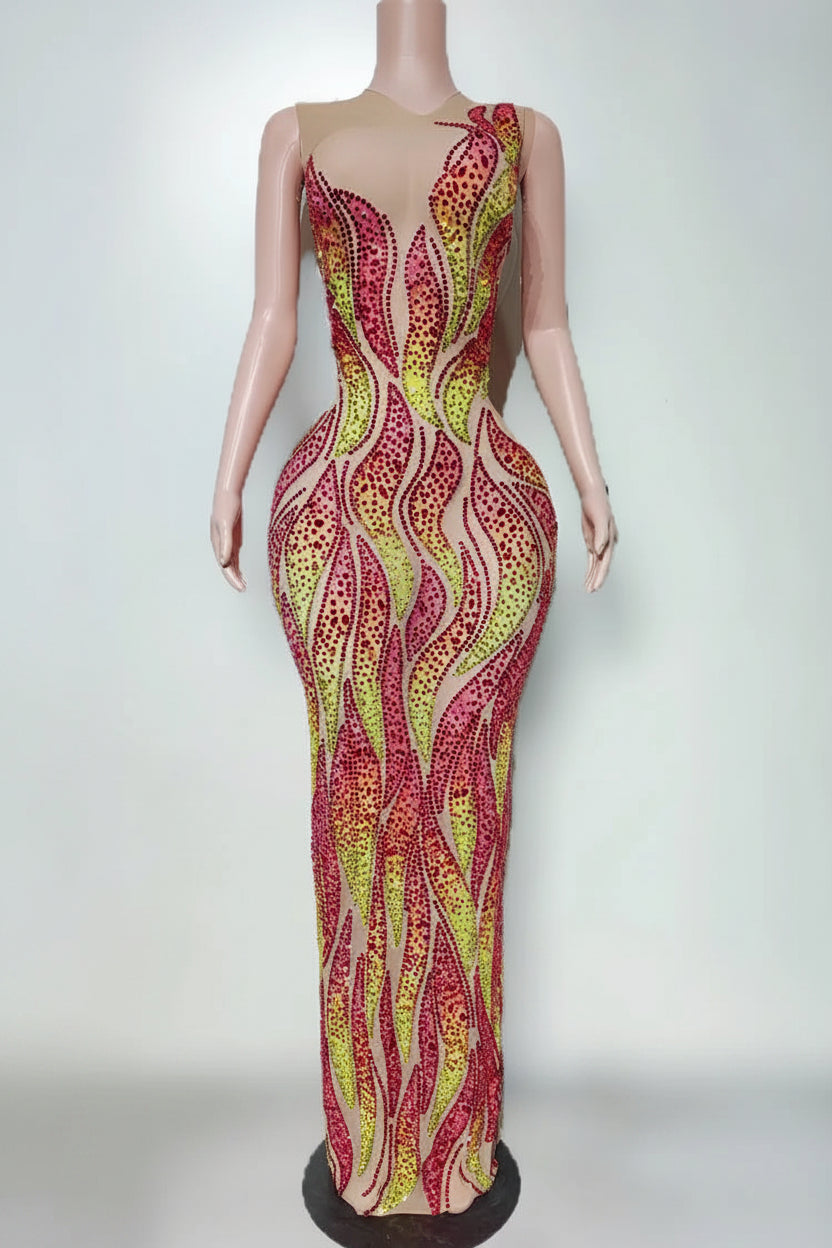 Flaming Fire Print Rhinestone Maxi Dress Sleeveless High-Slit Stage Performance Gown