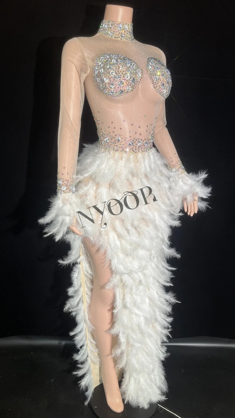 Sparkly White Rhinestone & Feather Sheer Mesh Long Evening Gown Stage Costume