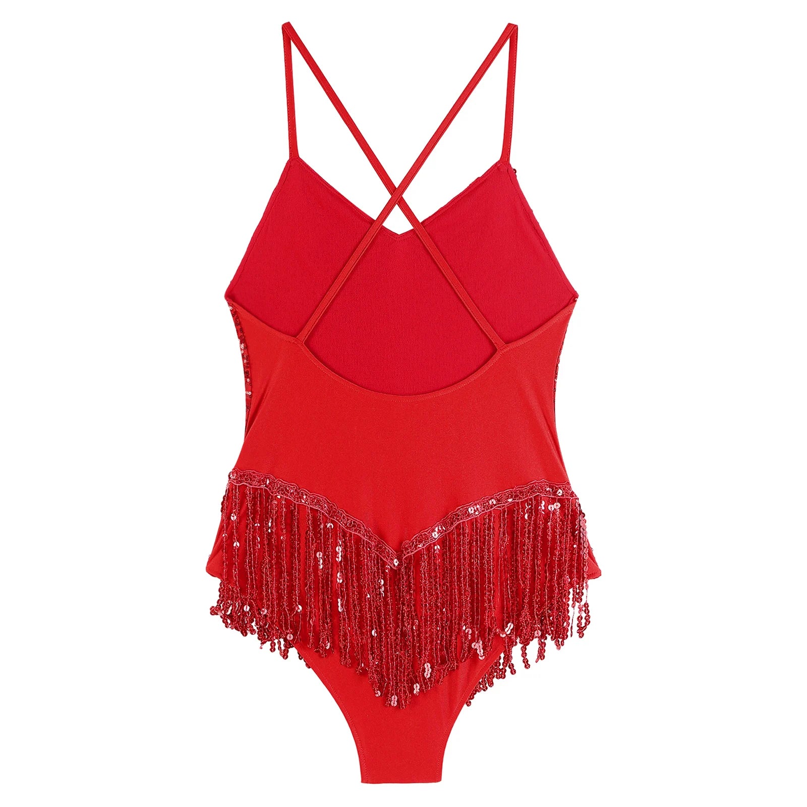 Sequins Fringed Cross Back Latin Dance Leotard Sleeveless V-Neck Bodysuit