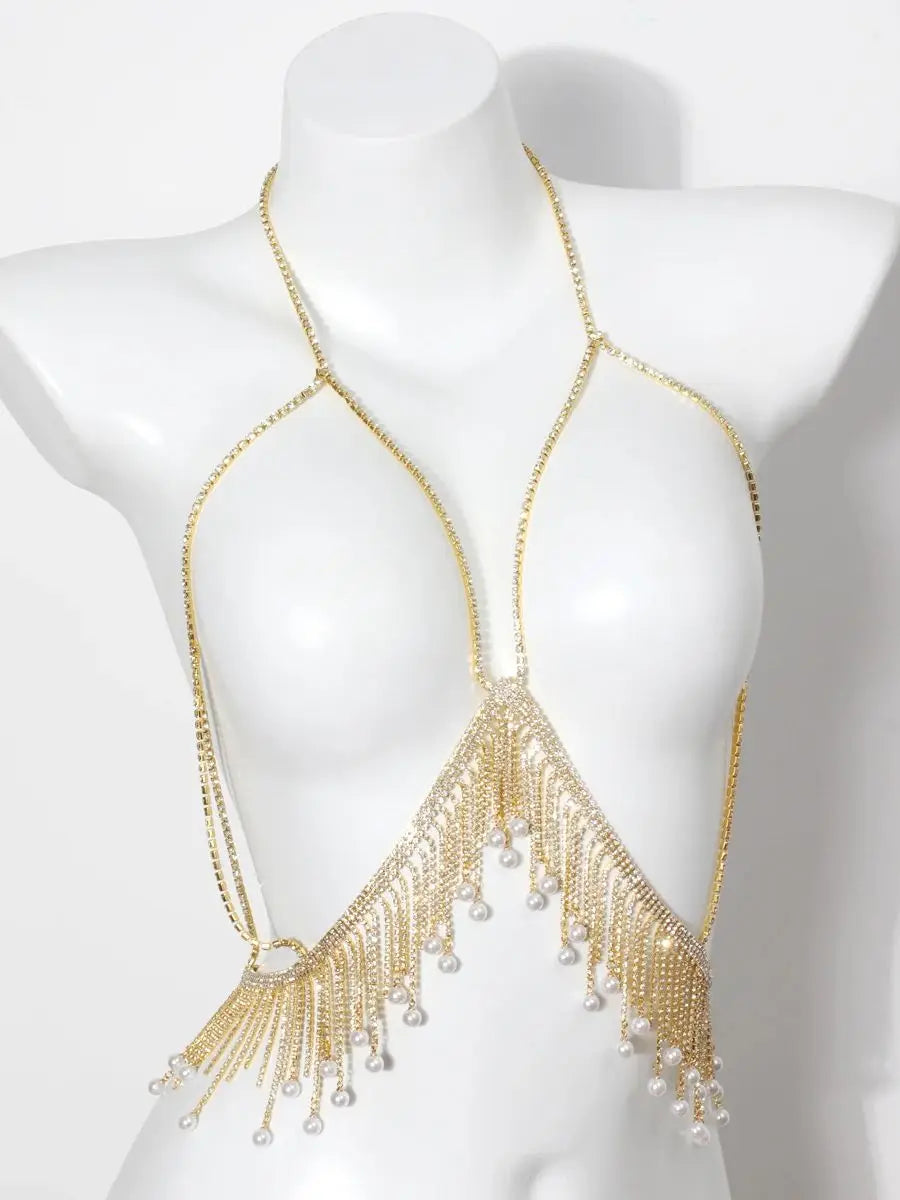 Halter Rhinestone Tassel Bra Body Chain