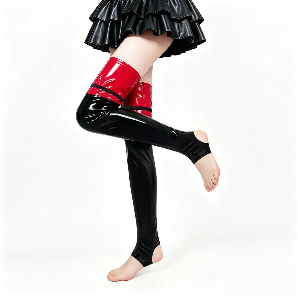 PU Faux Leather Patchwork Thigh-High Open-Foot Boot Stockings