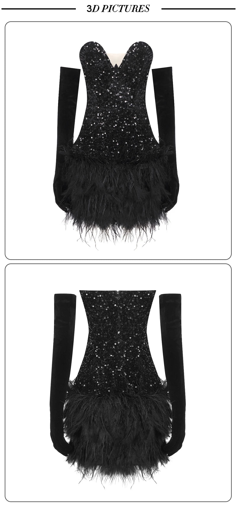 Black Sequin & Feather Strapless Mini Dress