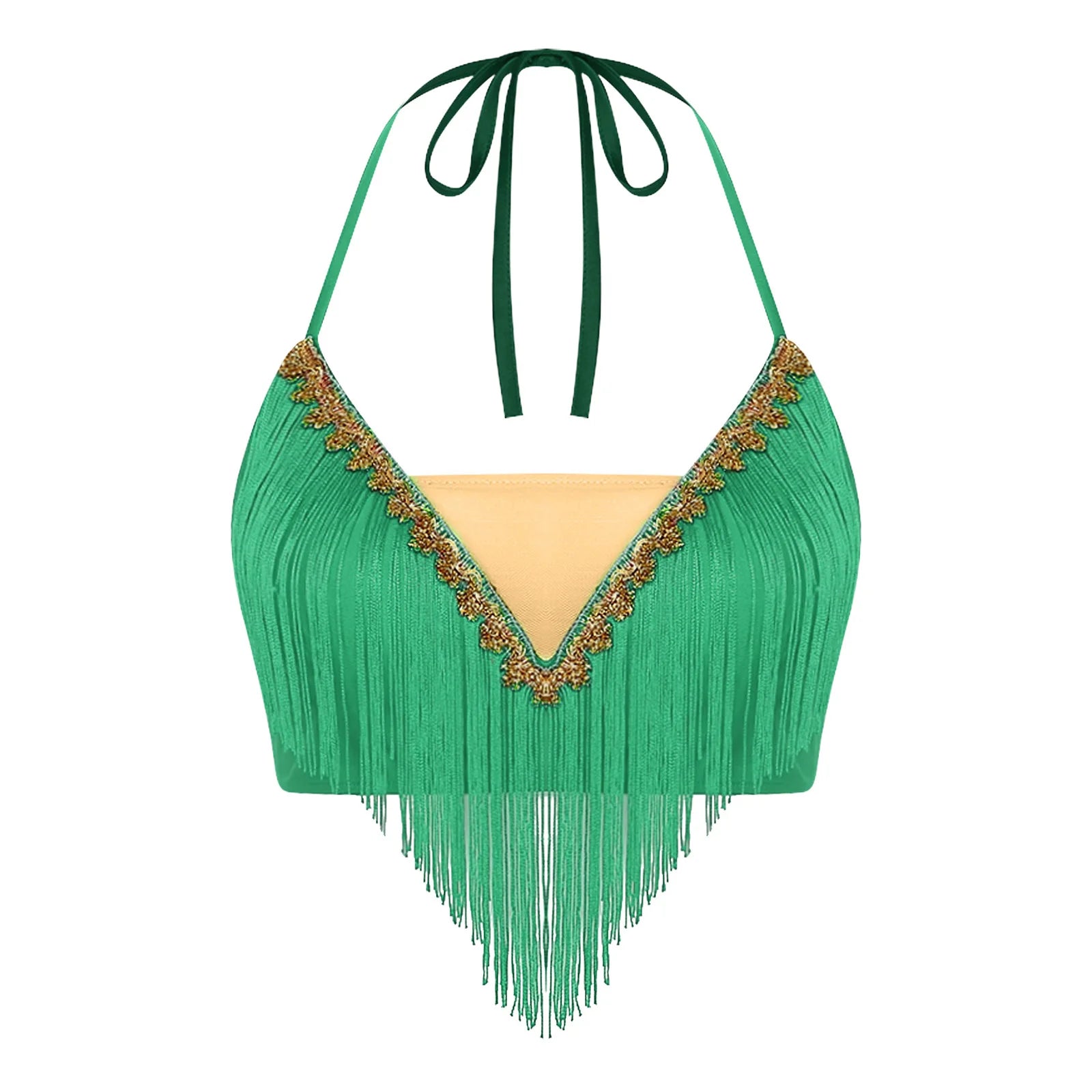 Gold Trim Halter Lace-Up Crop Top & Tiered Tassel Skirt Belly Dance Outfit
