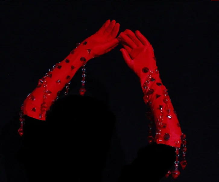 Sexy Nightclub Bar Gogo Dance Costume Red Rhinestones Fringe Mesh Bodysuit Gloves Performance Stage Wear Party Show Rave Outfits