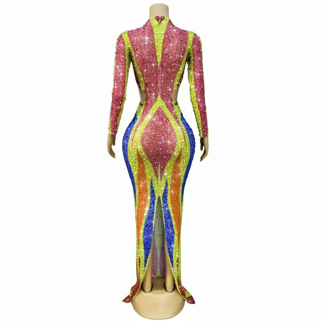 Women's Colorful Rhinestone Hollow-Out Mesh Long Dress | Twinkling Body-Con Gown for Red Carpet & Party