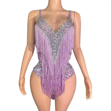 Sparkly Rhinestone & Tassel V-Neck Bodysuit Stage Performance Costume