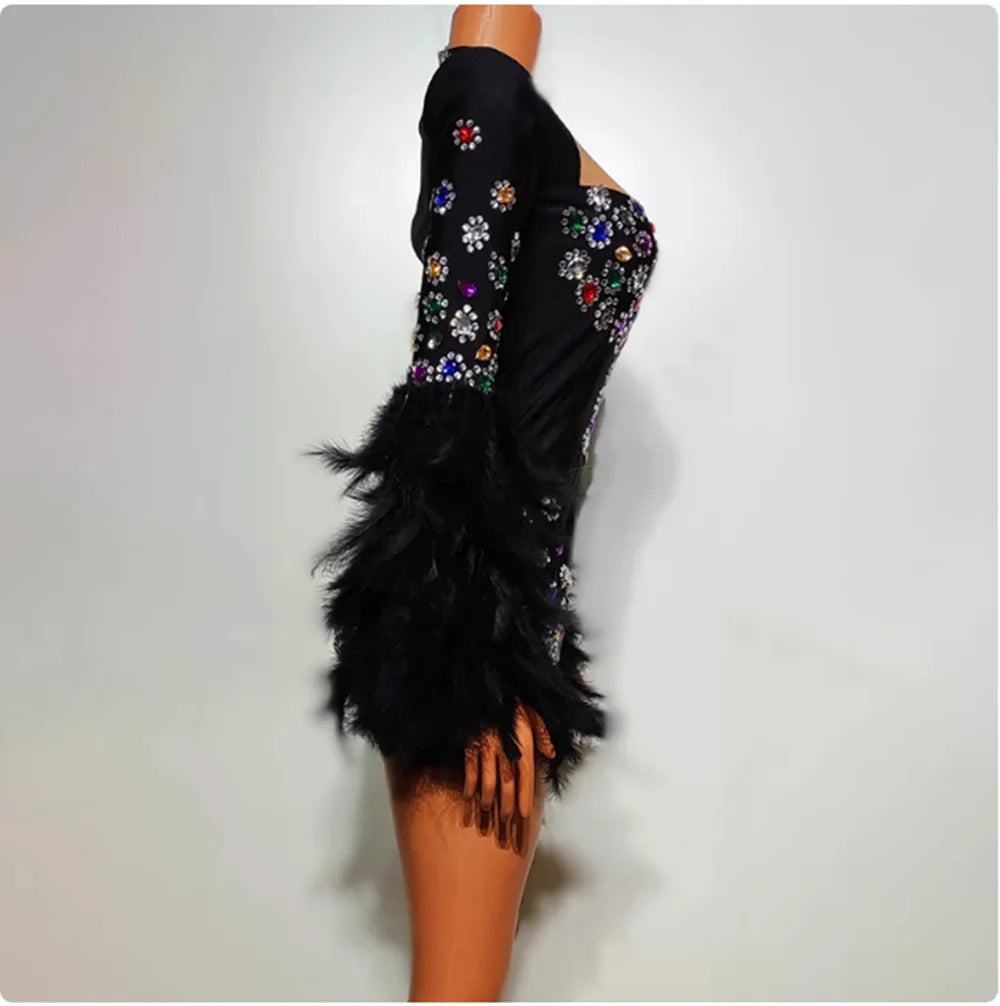 Black Feather Rhinestone Long-Sleeve Bodysuit
