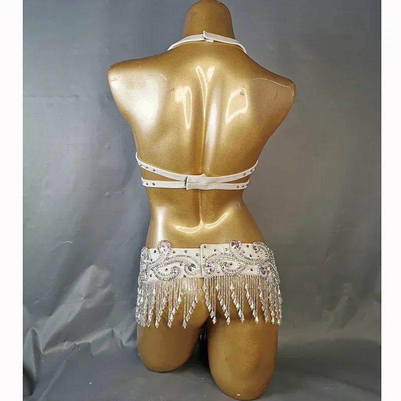 Dazzling Beaded Crystal Belly Dance Bra & Belt 2-Piece Costume Set