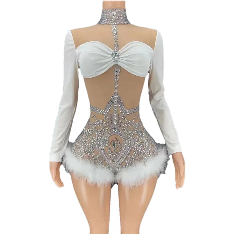 Rhinestone Feather Sheer Performance Bodysuit
