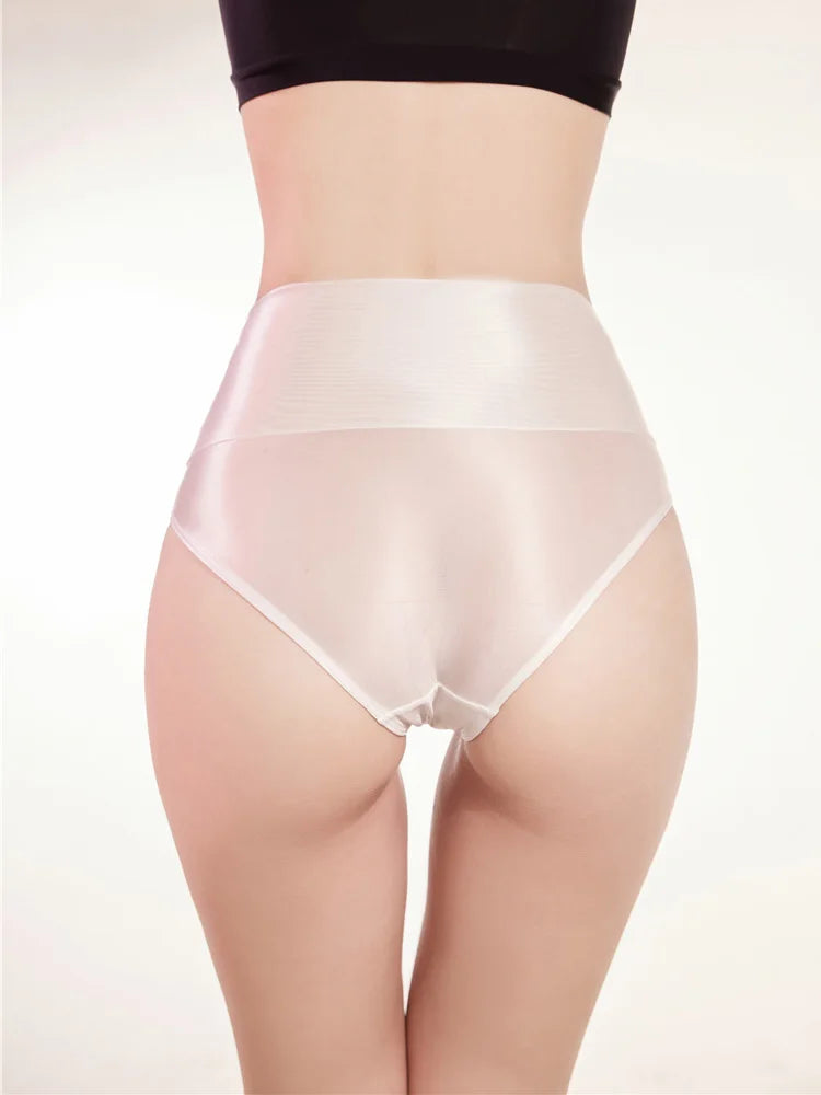 Sexy Sheer See Through High Waist Briefs Elastic Underwear Oil Glossy Shiny G-string Satin Smooth T-Back Push Up Hip Thong