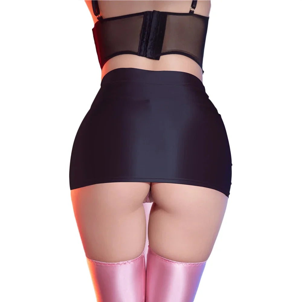 Women Oil Glossy Shiny Micro Mini Skirt Stain Smooth Tight Maid Pencil Skirt Elastic Packet Hip Sweet Girl Shaping Cute Skirt