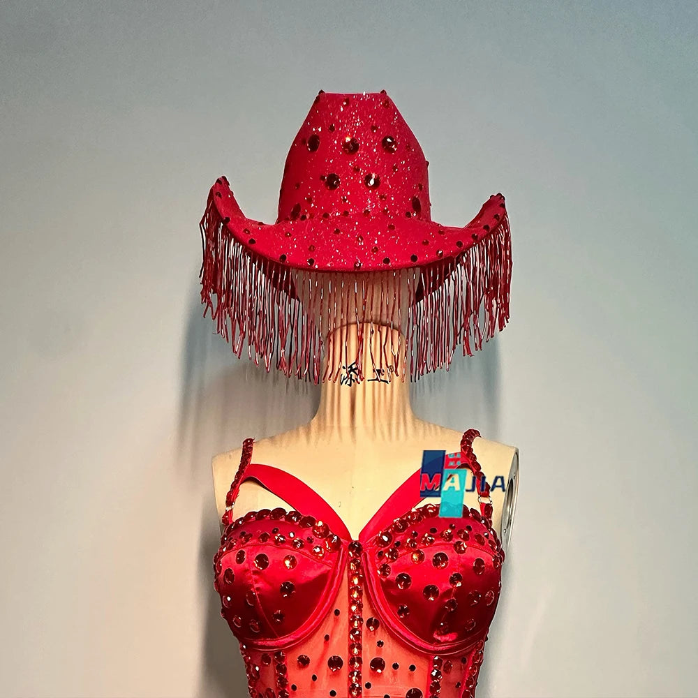 Crimson Red Crystal Corset Bodysuit, Feather Trailing Skirt & Cowgirl Hat 3-Piece Stage Costume Set
