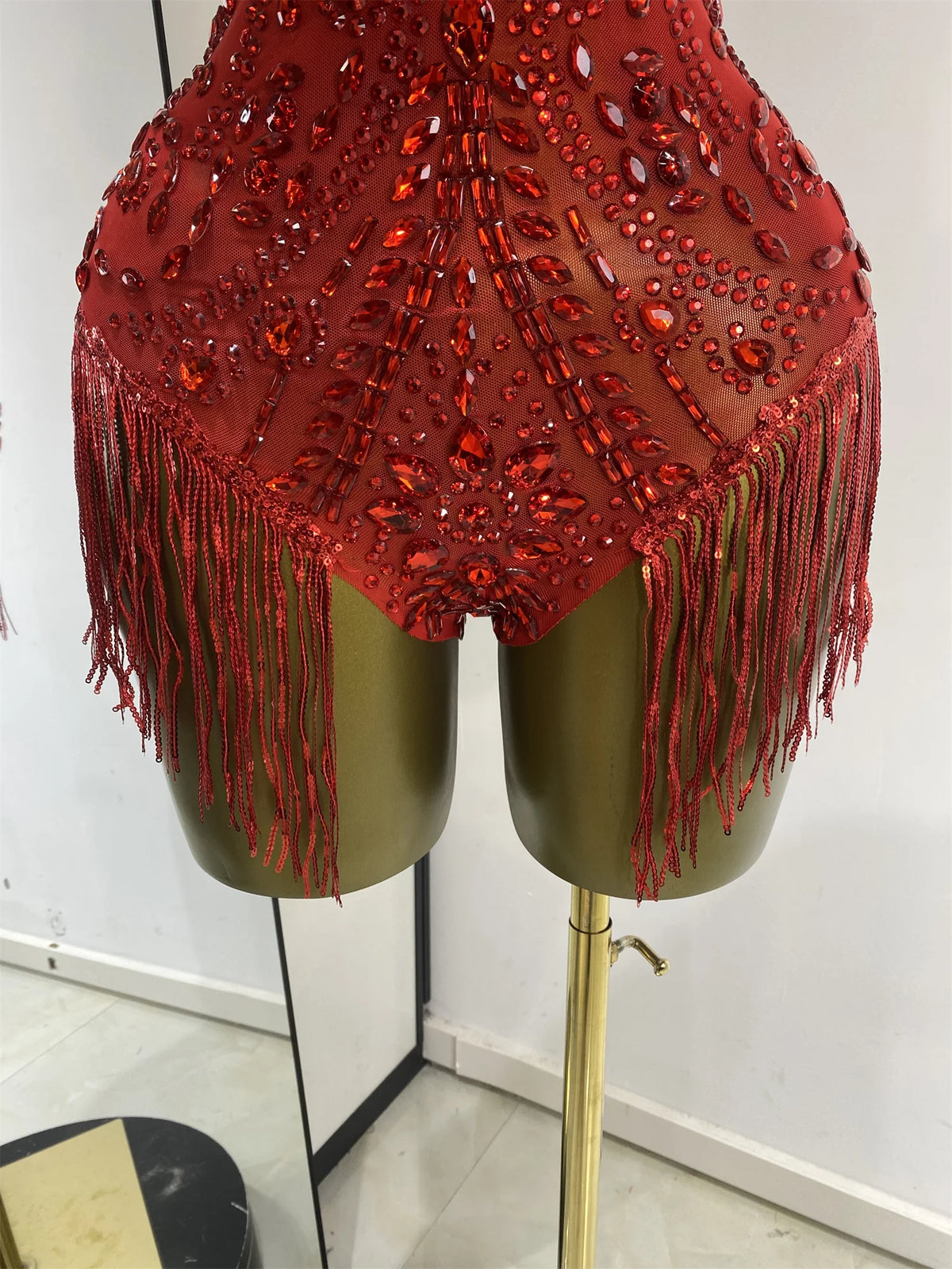 Vintage-Inspired Shiny Rhinestones Tassel Mesh Bodysuit Costume Set
