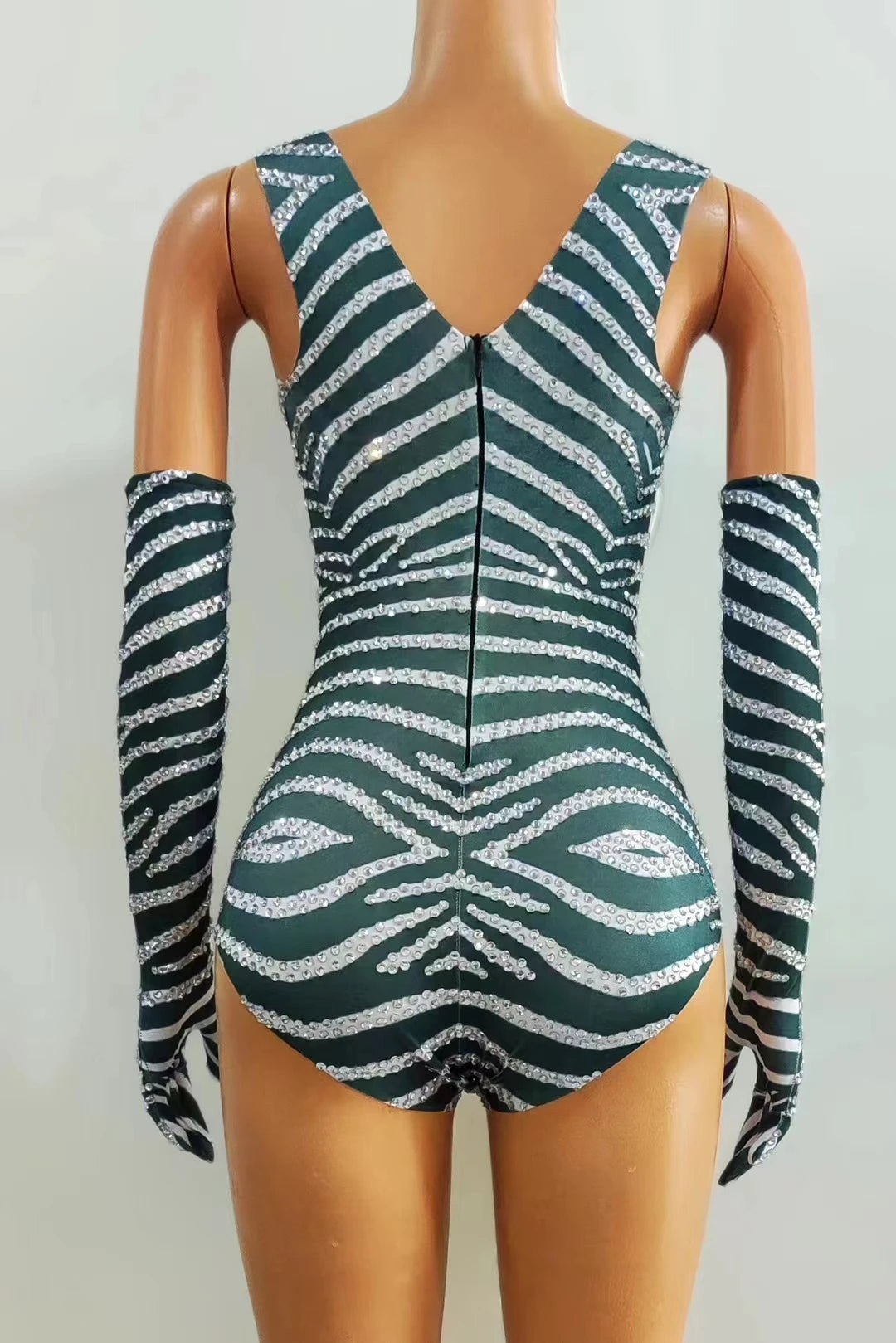 Chevron Striped Rhinestone Bodysuit & Matching Long Gloves 2-Piece Stage Costume Set