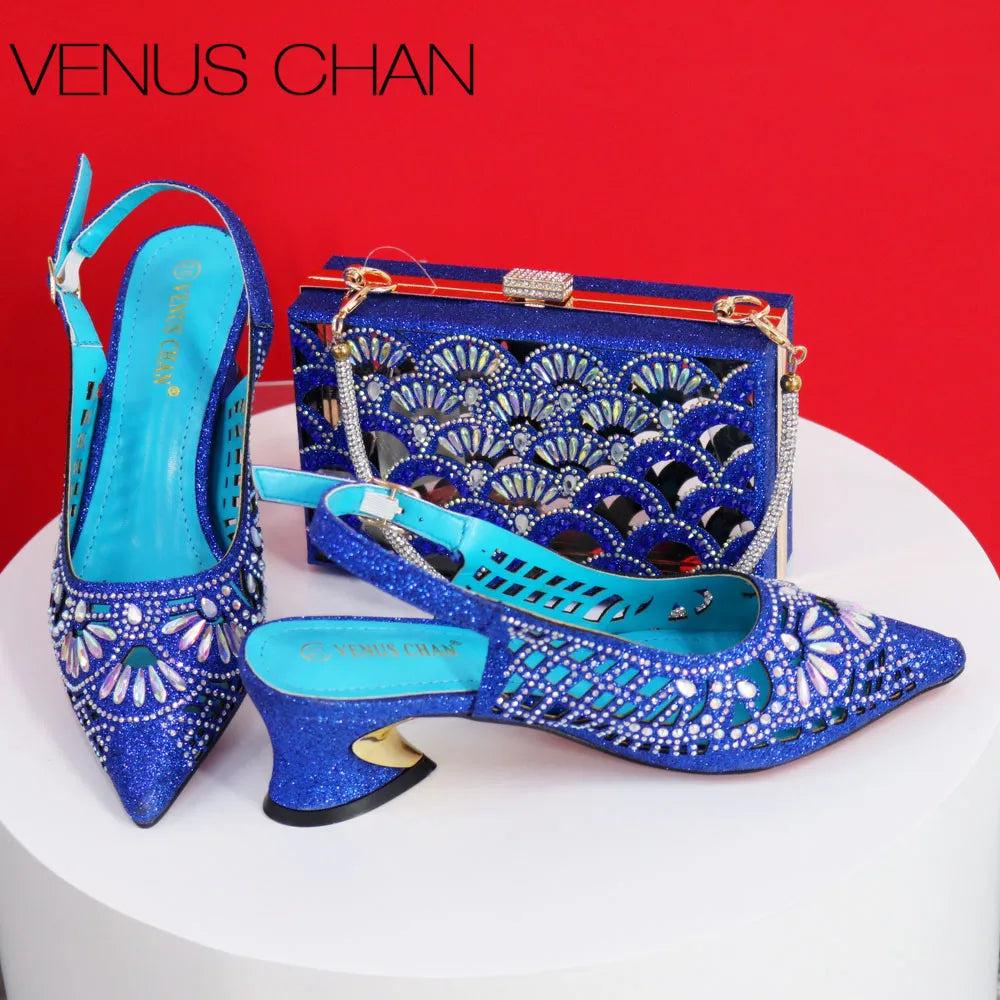 Italian Design Slope Heel Sequin Elegant Shoes and Bag Set