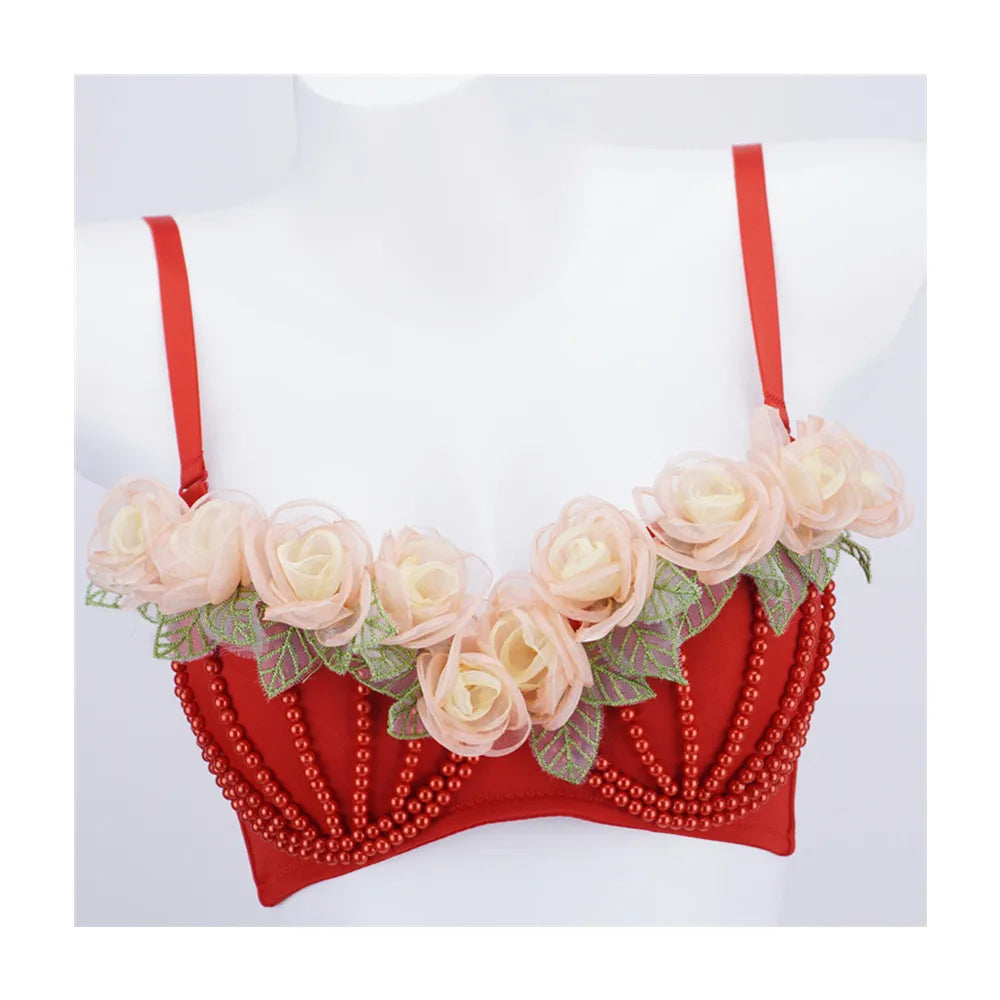 Organza Floral & Pearl Bustier Bra Top | Kawaii Stage & Nightclub Bralette