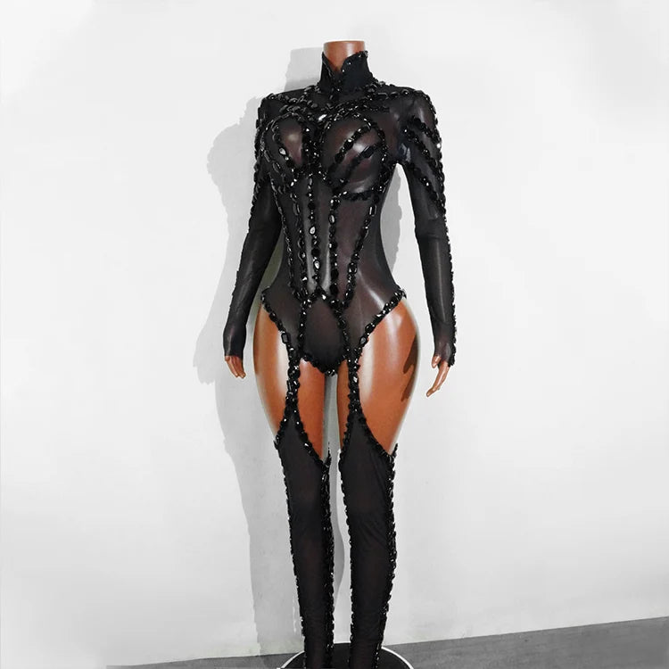 Rhinestone Mesh Jumpsuit Costume Set