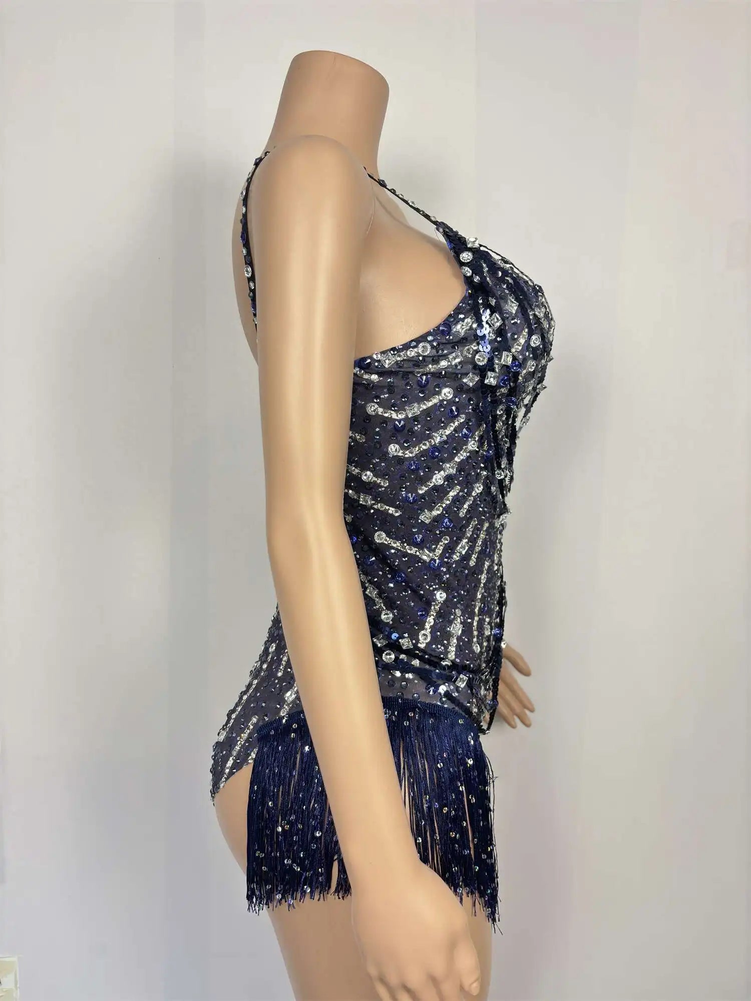 Sparkly Rhinestone Tassel Fringe Dance Leotard Nightclub Stage Performance Bodysuit