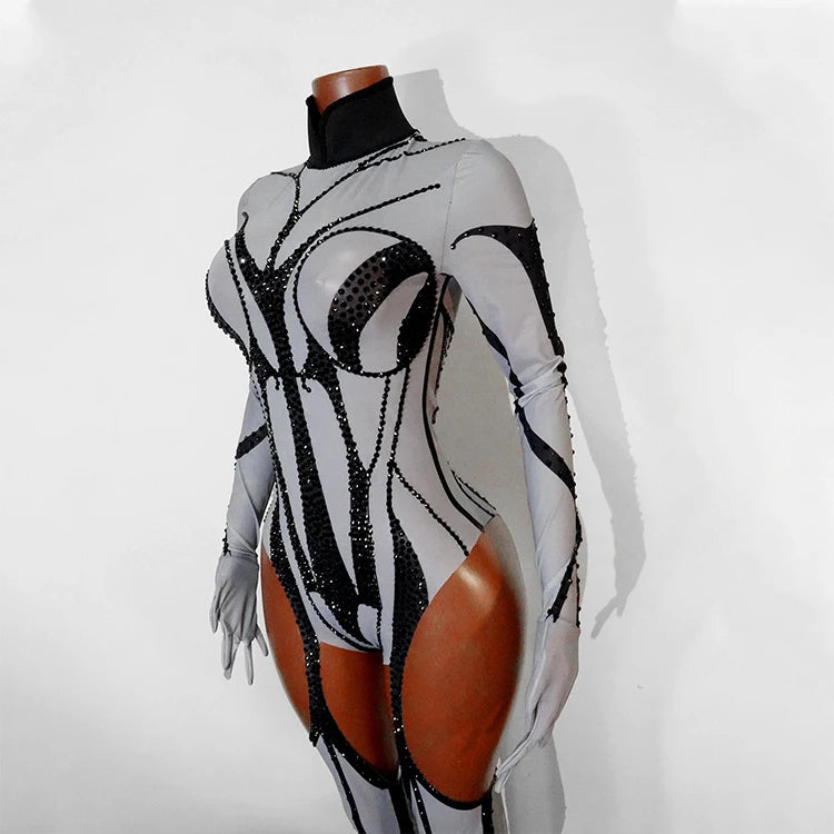 Rhinestone Mesh Jumpsuit Costume Set