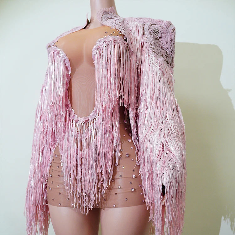 Rhinestone Tassel Fringe Jacket And Dress Costume Set