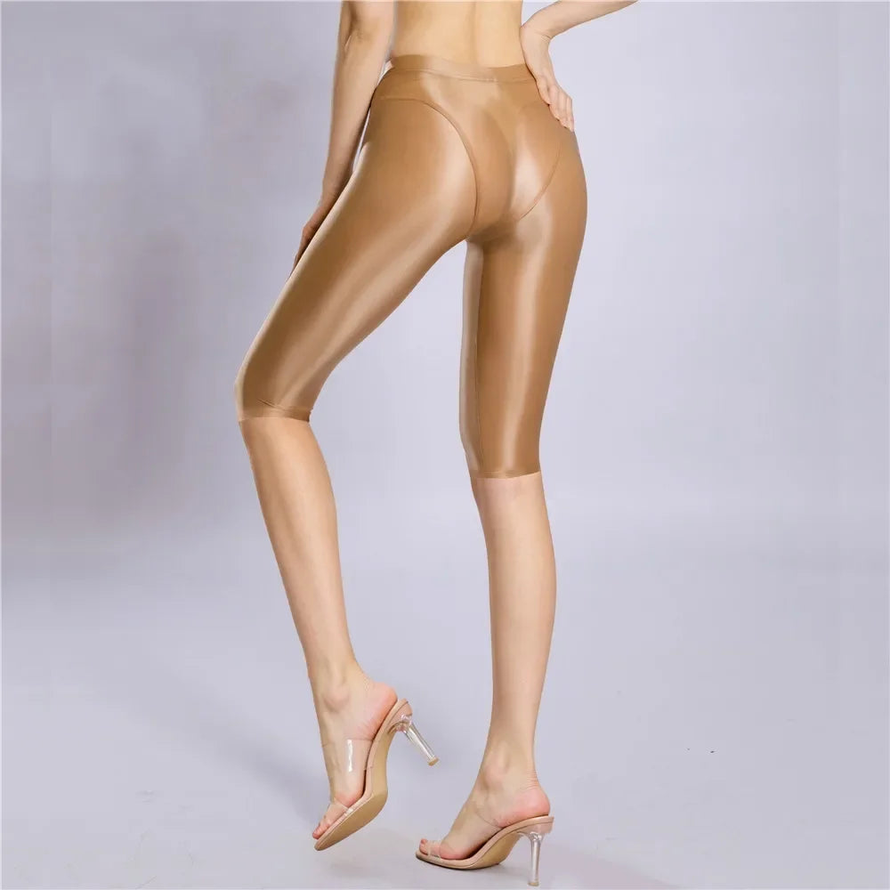 Women Shaping Short Stain Smooth Oil Glossy Shiny Elastic Shorts Sheer See Through Casual Plus Size Tight Yoga Short Maid Pant