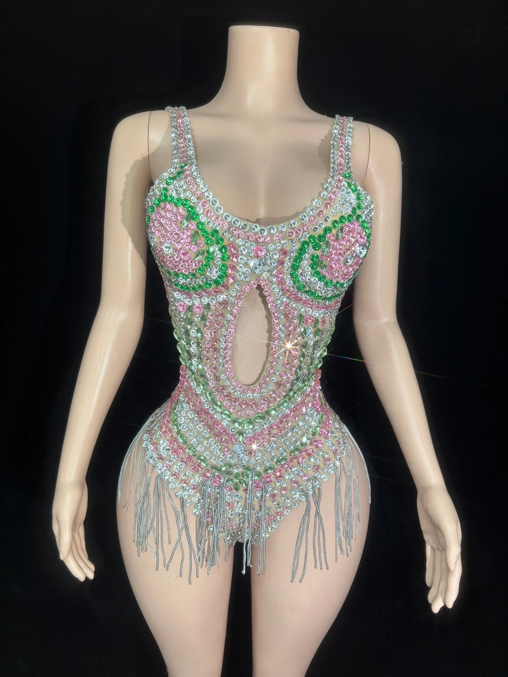 Sparkly Silver Rhinestone Tassel High-Cut Stage Bodysuit Dance Performance Leotard