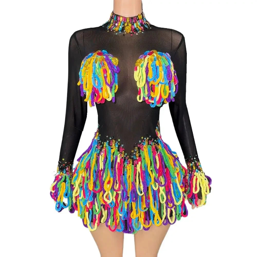 Rainbow Crystal Rhinestone Bodysuit Cascading Fringe Tassel Long-Sleeve Stage Costume