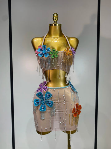 Colorful Rhinestone Pearl Sheer Dress & Two-Piece Mini Skirt Set Celebration Outfit