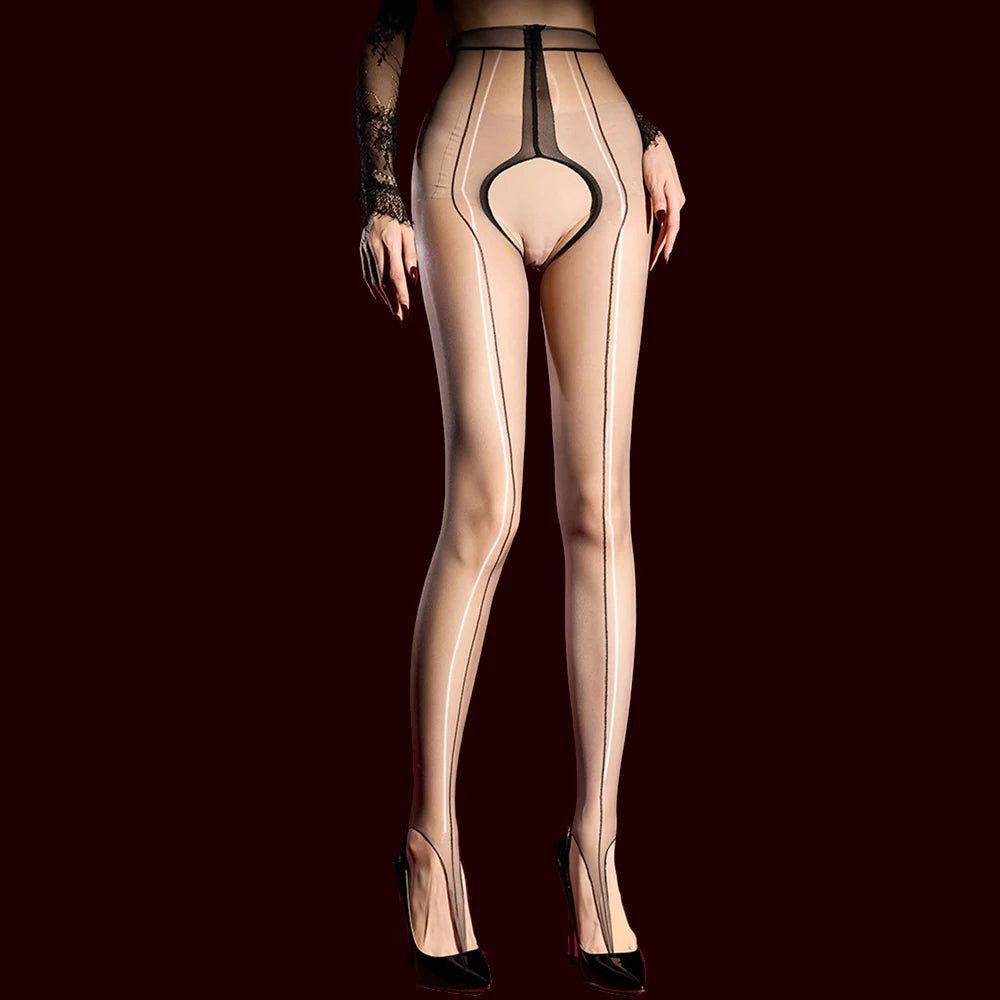 6D 912-Pin Heart Hollow-Out Sheer Oil Glossy Shaping Pantyhose Shiny Tights